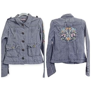 Romeo & Juliet Couture Distressed Jacket Embroidered Flowers Studded  Medium